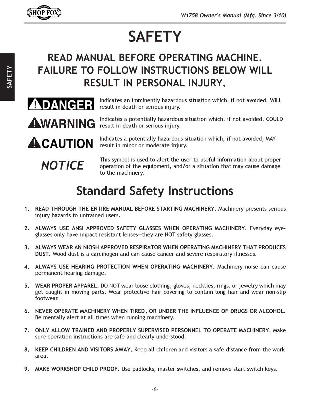 Woodstock W1758 owner manual Standard Safety Instructions 