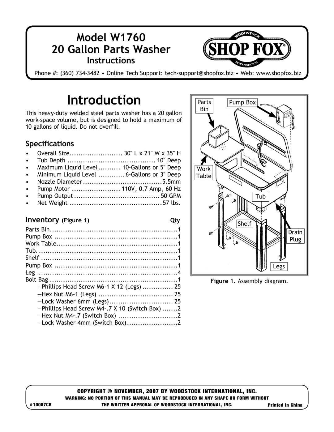 Woodstock W1760 specifications Introduction, Specifications, Inventory Figure, Qty 