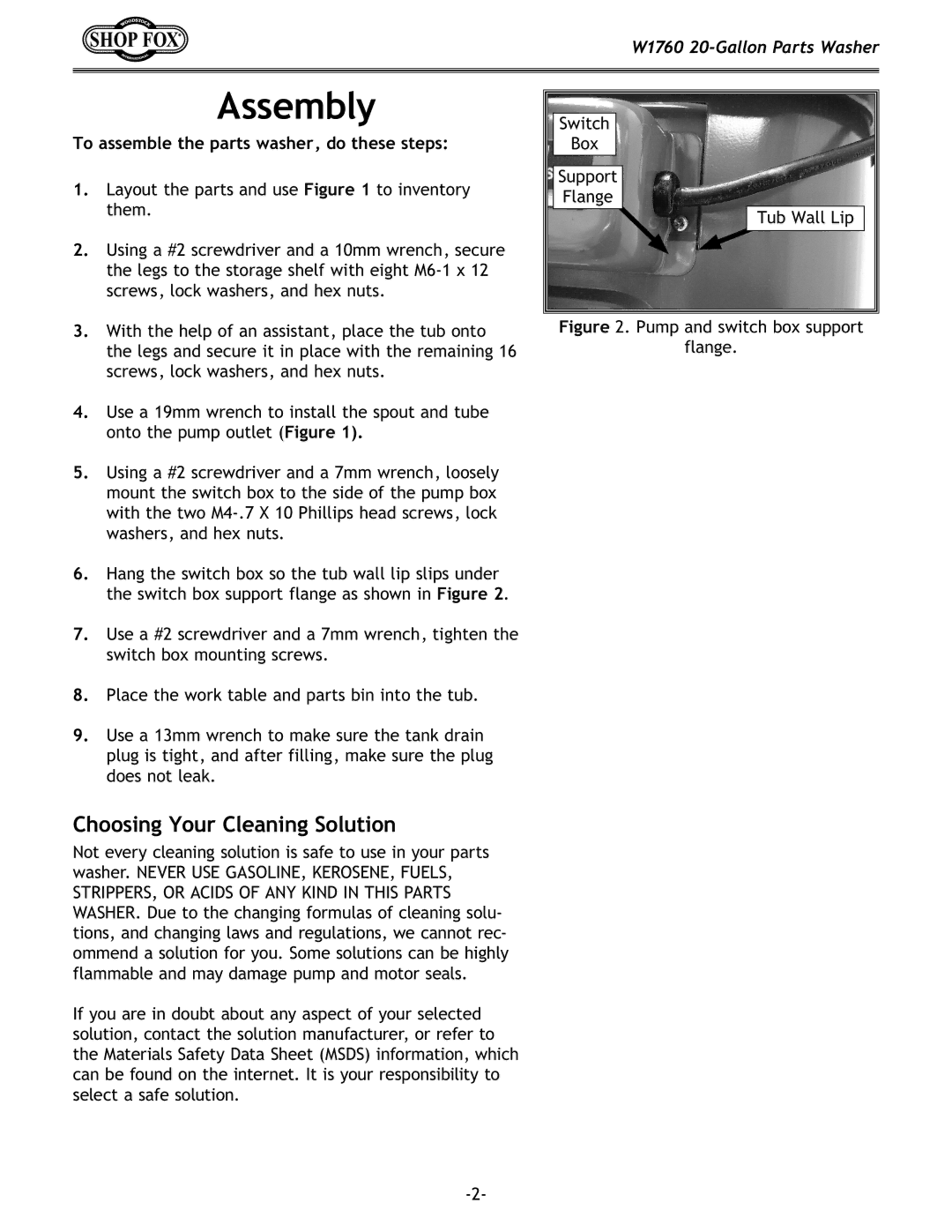 Woodstock W1760 specifications Assembly, Choosing Your Cleaning Solution, To assemble the parts washer, do these steps 