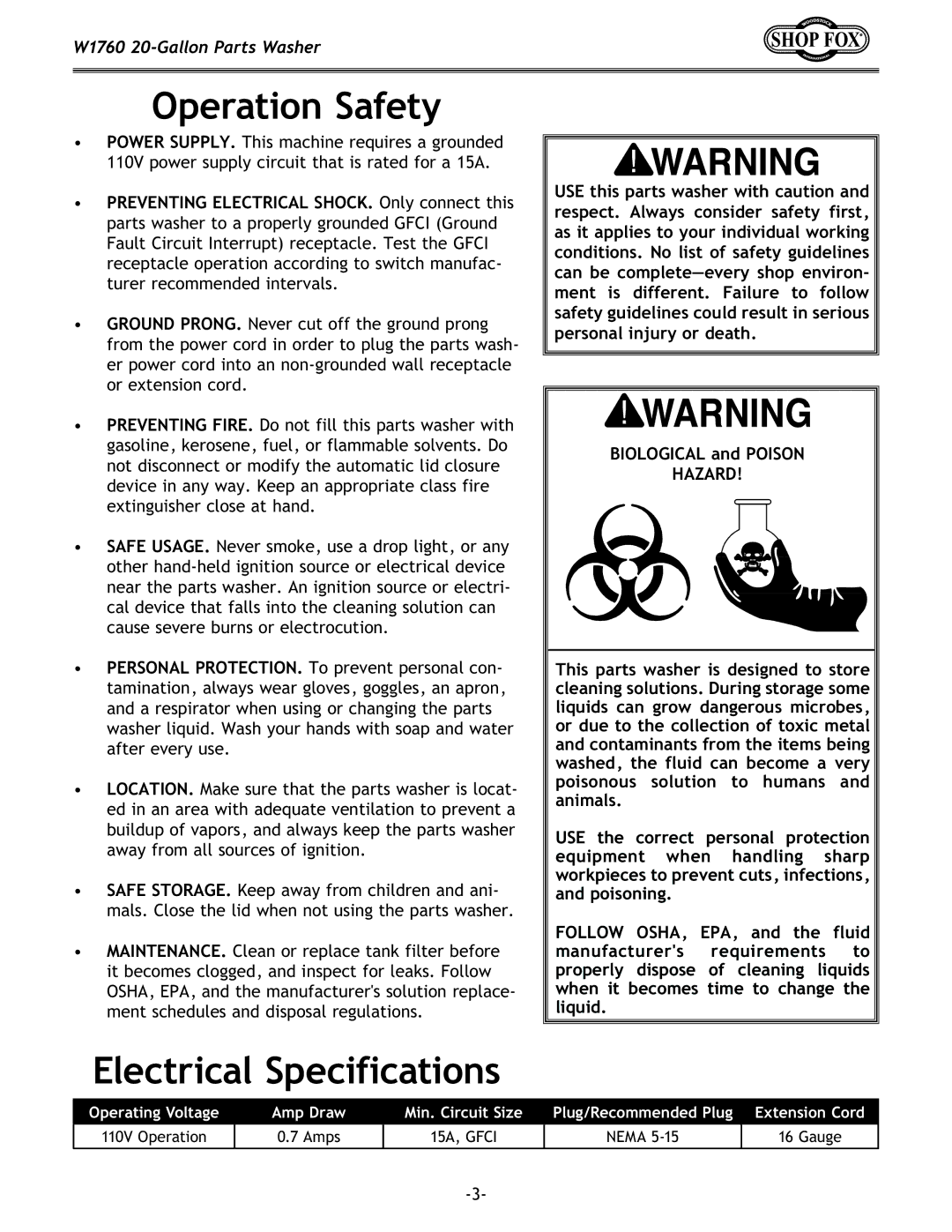 Woodstock W1760 specifications Operation Safety, Electrical Specifications, Biological and Poison 