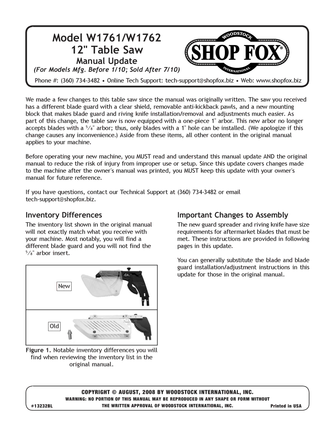 Woodstock W1761, W1762 owner manual Inventory Differences, Important Changes to Assembly 