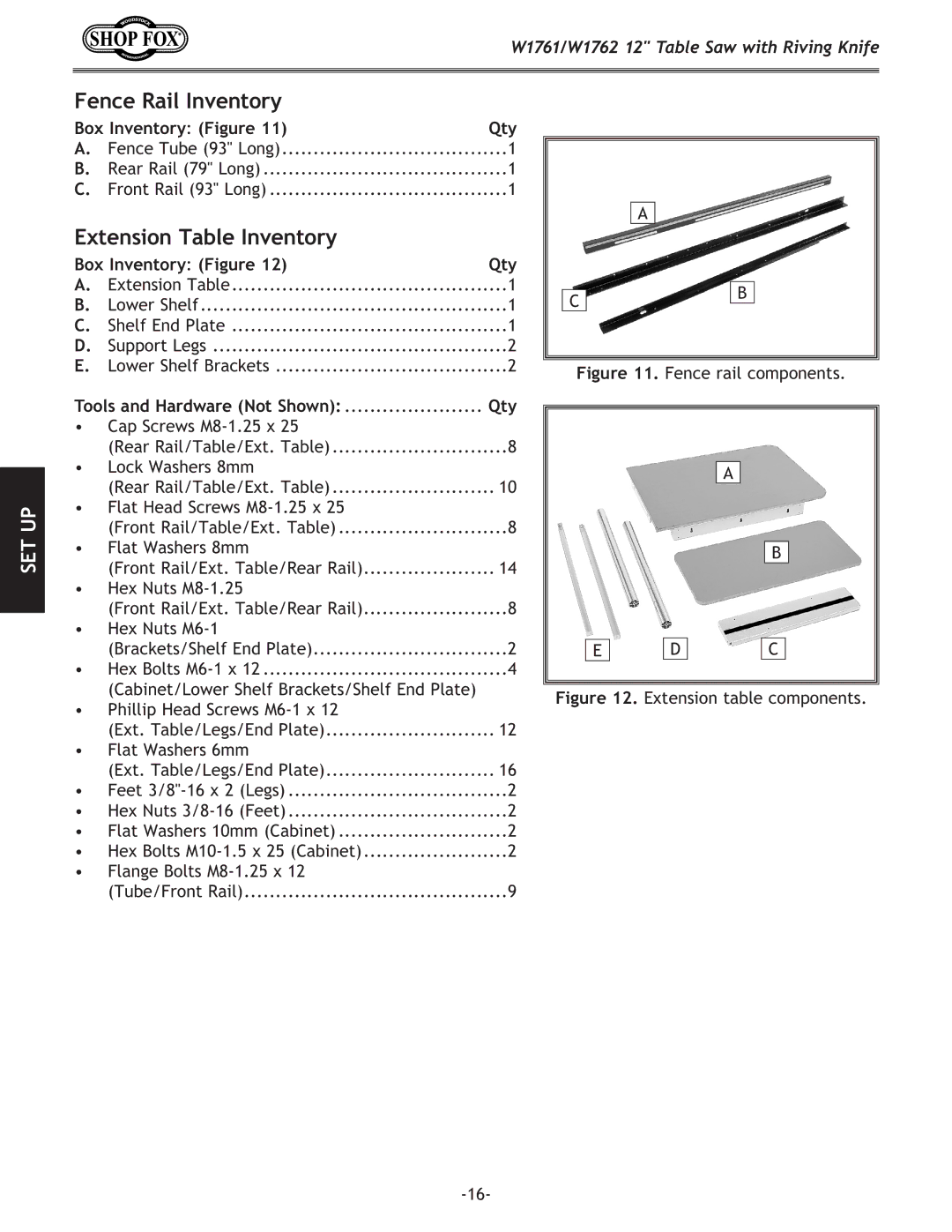 Woodstock W1761, W1762 owner manual Fence Rail Inventory, Extension Table Inventory 