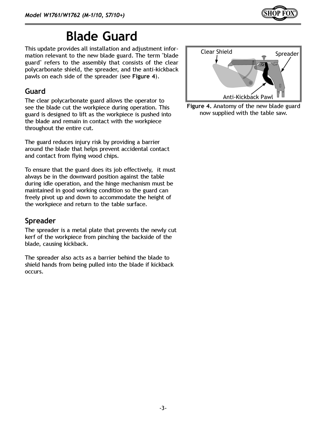 Woodstock W1761, W1762 owner manual Blade Guard, Spreader 