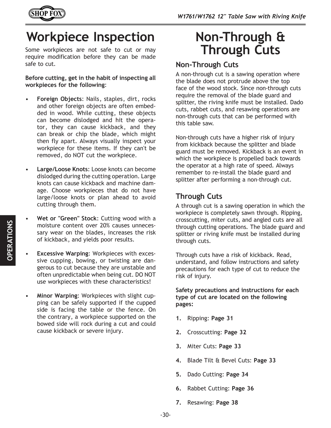 Woodstock W1761, W1762 owner manual Workpiece Inspection, Non-Through Through Cuts, Non-Through Cuts 