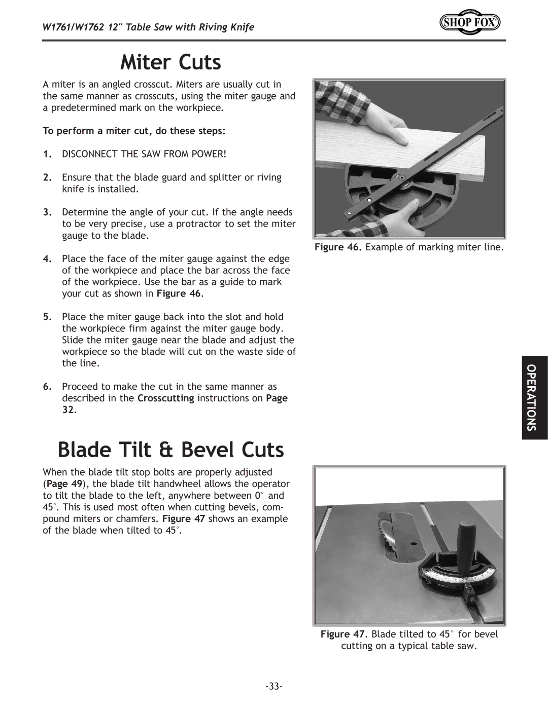 Woodstock W1762, W1761 owner manual Miter Cuts, Blade Tilt & Bevel Cuts, To perform a miter cut, do these steps 