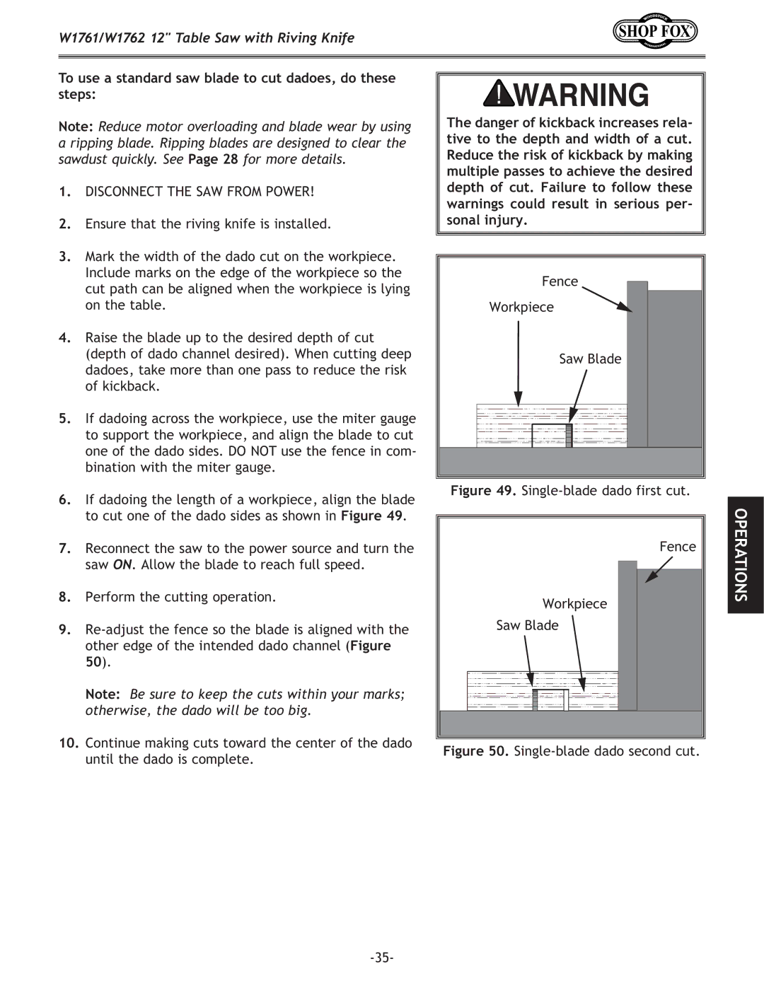 Woodstock W1762, W1761 owner manual Disconnect the SAW from Power 