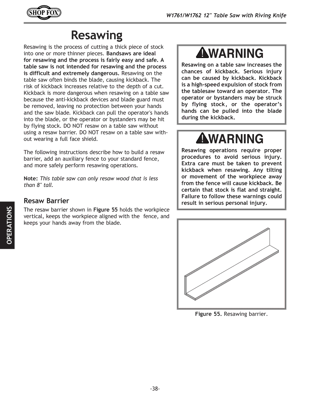 Woodstock W1761, W1762 owner manual Resawing, Resaw Barrier 