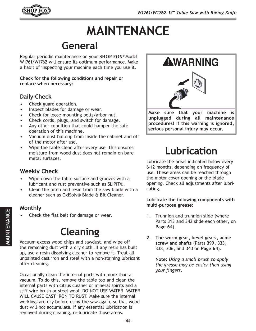 Woodstock W1761, W1762 owner manual Cleaning, Lubrication, Daily Check, Weekly Check, Monthly 