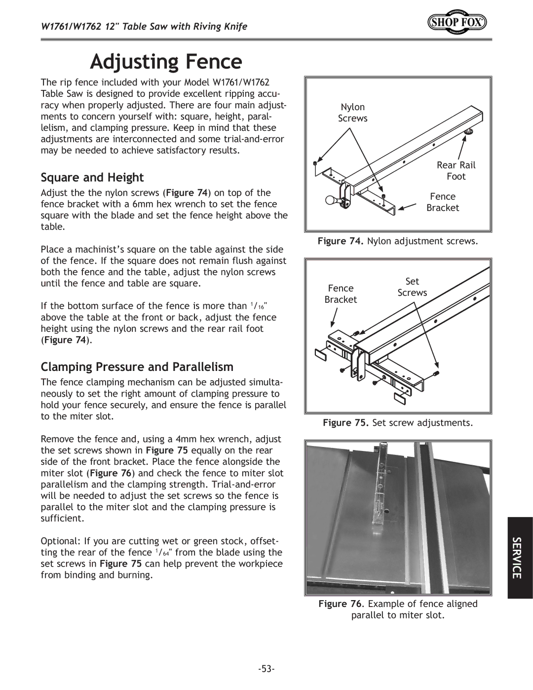 Woodstock W1762, W1761 owner manual Adjusting Fence, Square and Height, Clamping Pressure and Parallelism 