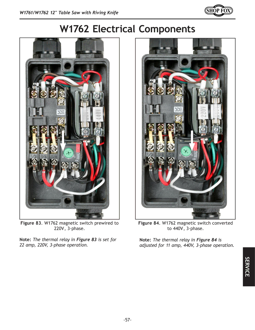 Woodstock W1761 owner manual W1762 Electrical Components, W1762 magnetic switch prewired to 220V, 3-phase 