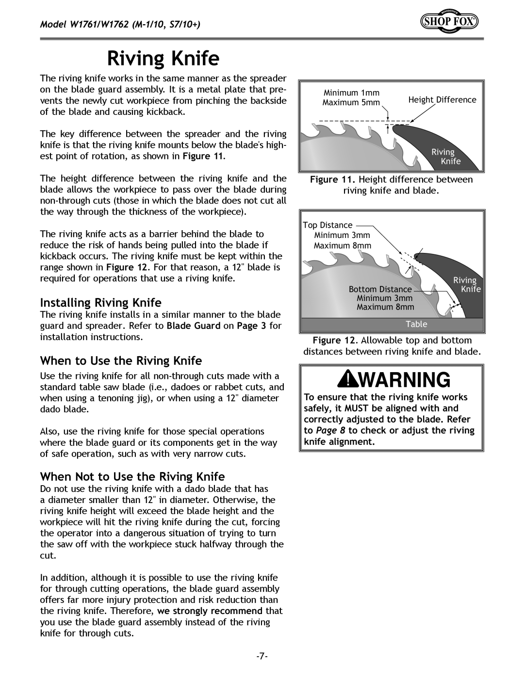 Woodstock W1761, W1762 Installing Riving Knife, When to Use the Riving Knife, When Not to Use the Riving Knife 