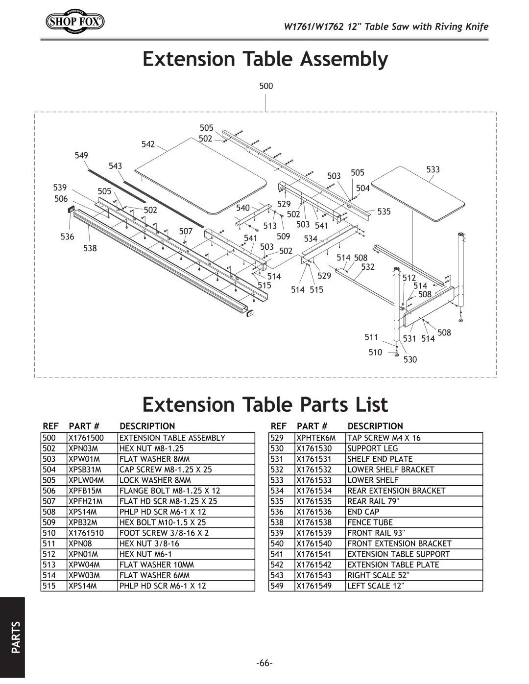 Woodstock W1761, W1762 owner manual Extension Table Assembly Extension Table Parts List 