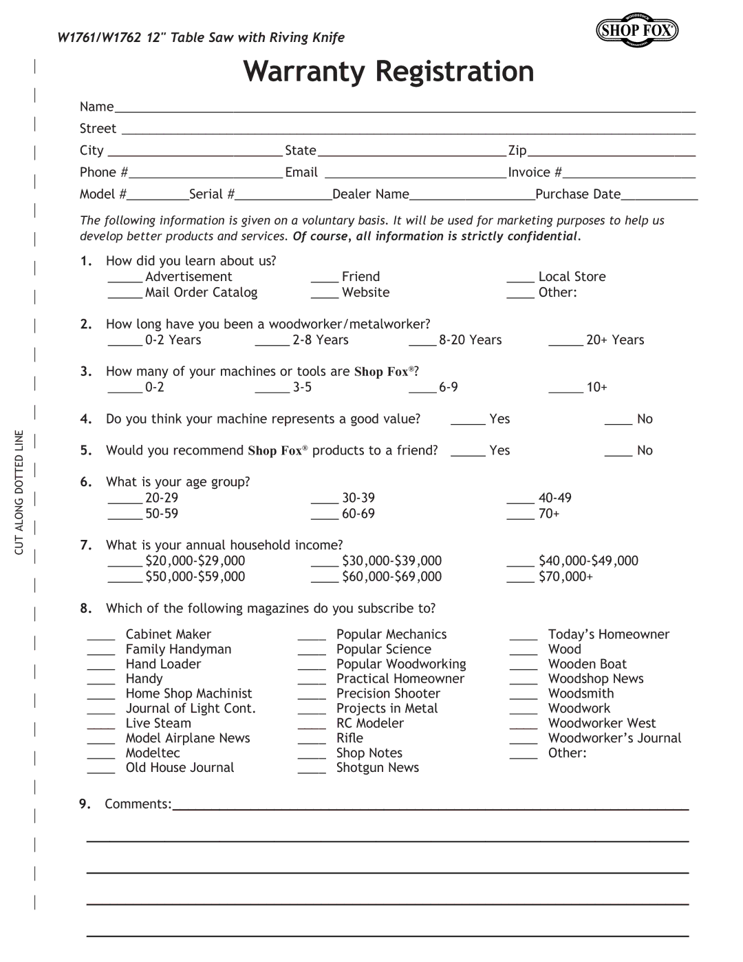 Woodstock W1762, W1761 owner manual Warranty Registration, Comments 