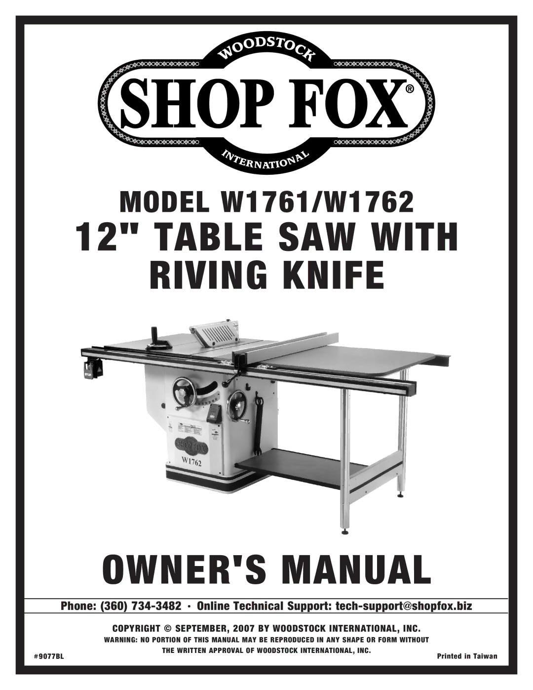 Woodstock W1761/W1762 owner manual Table SAW with Riving Knife 