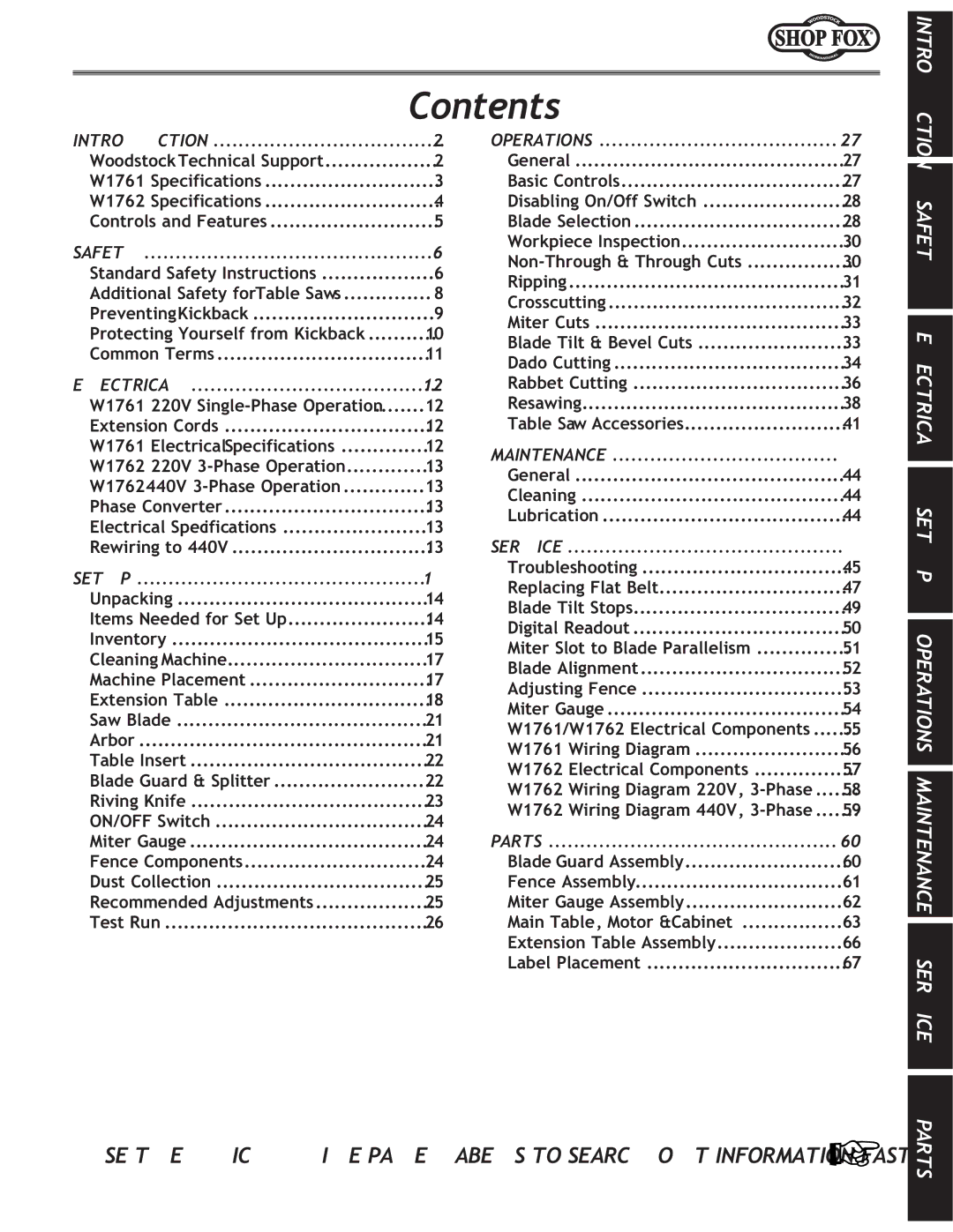 Woodstock W1761/W1762 owner manual Contents 