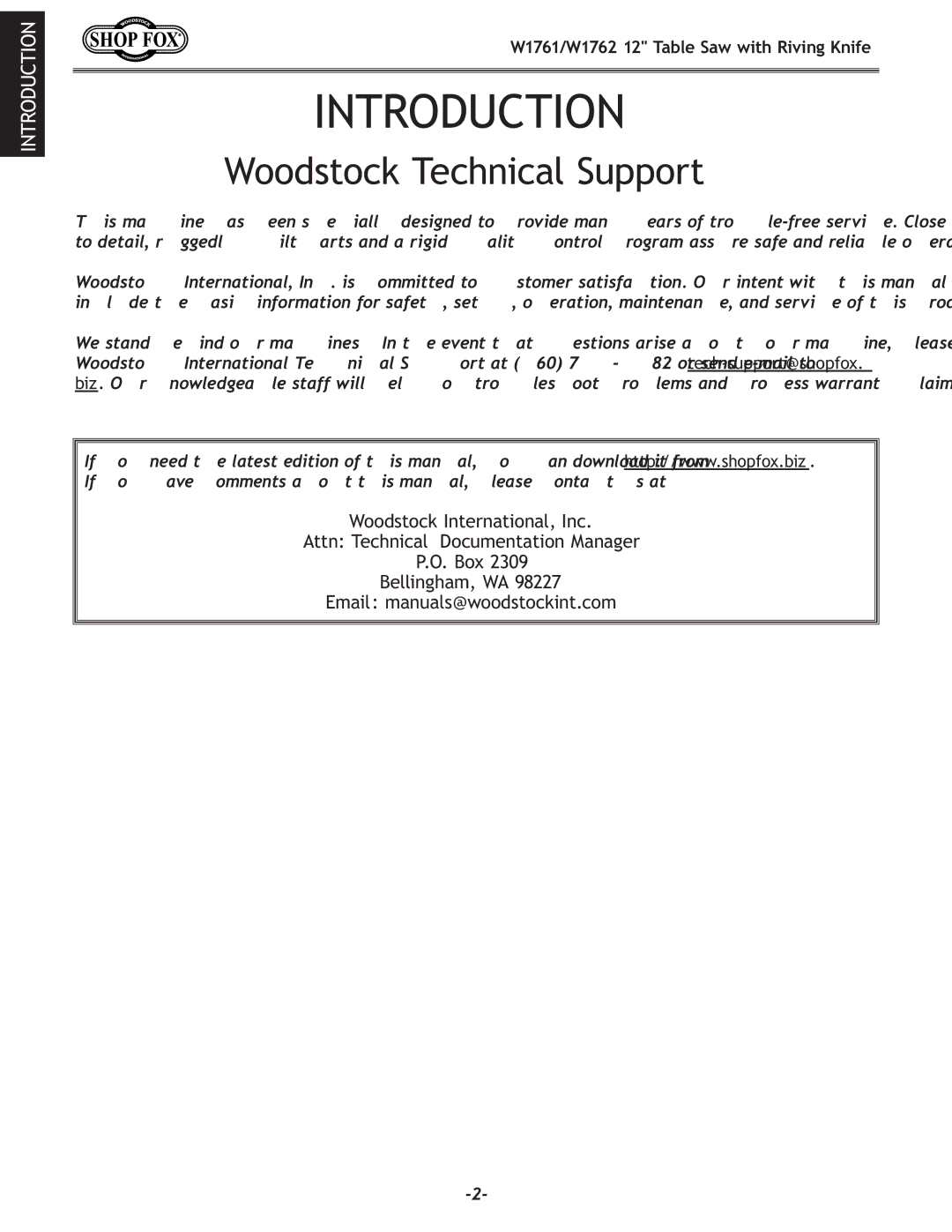 Woodstock W1761/W1762 owner manual Introduction, Woodstock Technical Support 