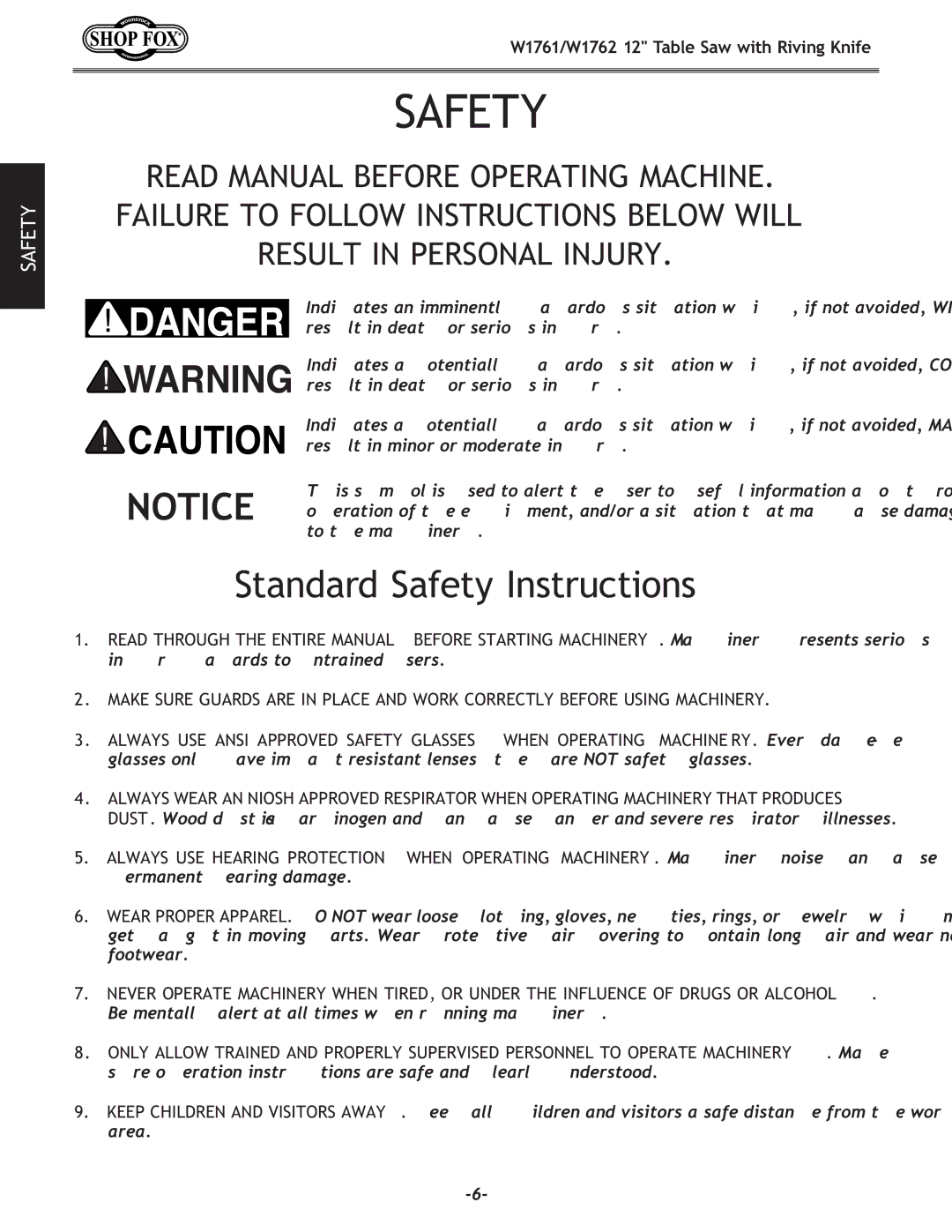 Woodstock W1761/W1762 owner manual Standard Safety Instructions 