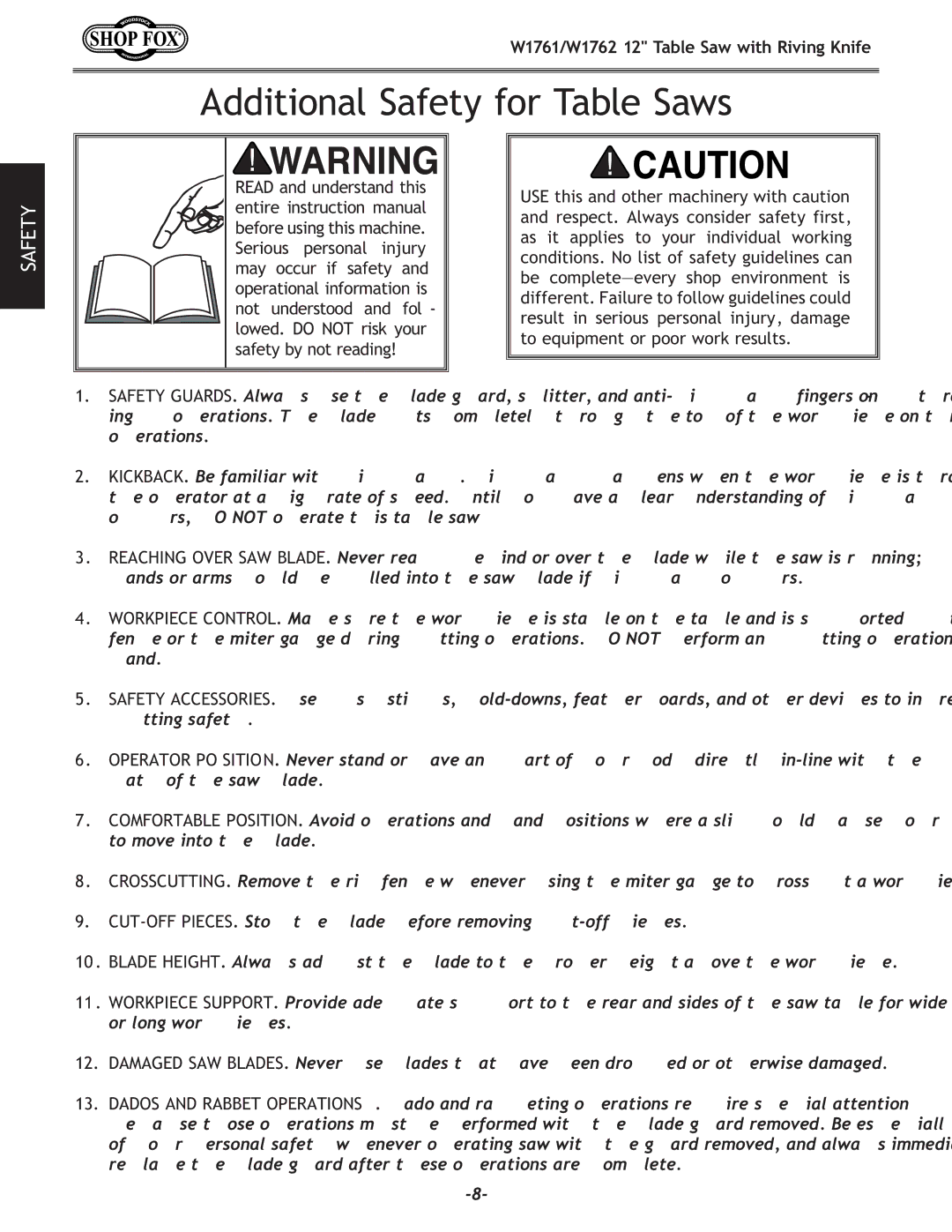 Woodstock W1761/W1762 owner manual Additional Safety for Table Saws 