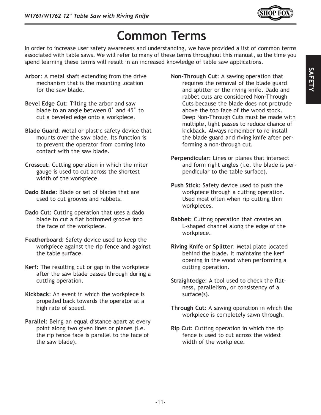 Woodstock W1761/W1762 owner manual Common Terms 