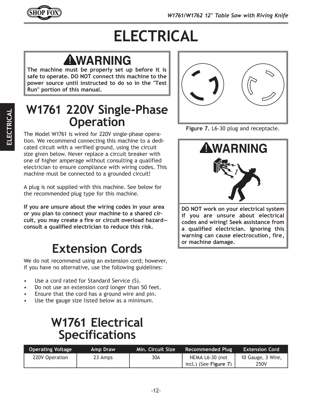 Woodstock W1761/W1762 owner manual W1761 220V Single-Phase Operation, Extension Cords, W1761 Electrical Specifications 