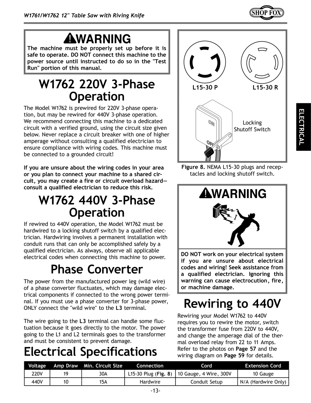 Woodstock W1761/W1762 owner manual W1762 220V 3-Phase Operation, W1762 440V 3-Phase Operation, Phase Converter, Rewiring to 