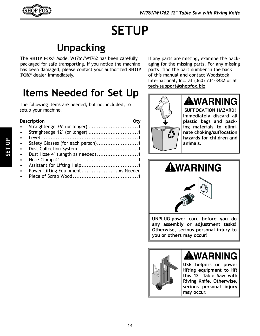 Woodstock W1761/W1762 Unpacking, Items Needed for Set Up, Description Qty, Immediately discard all Plastic bags and pack 