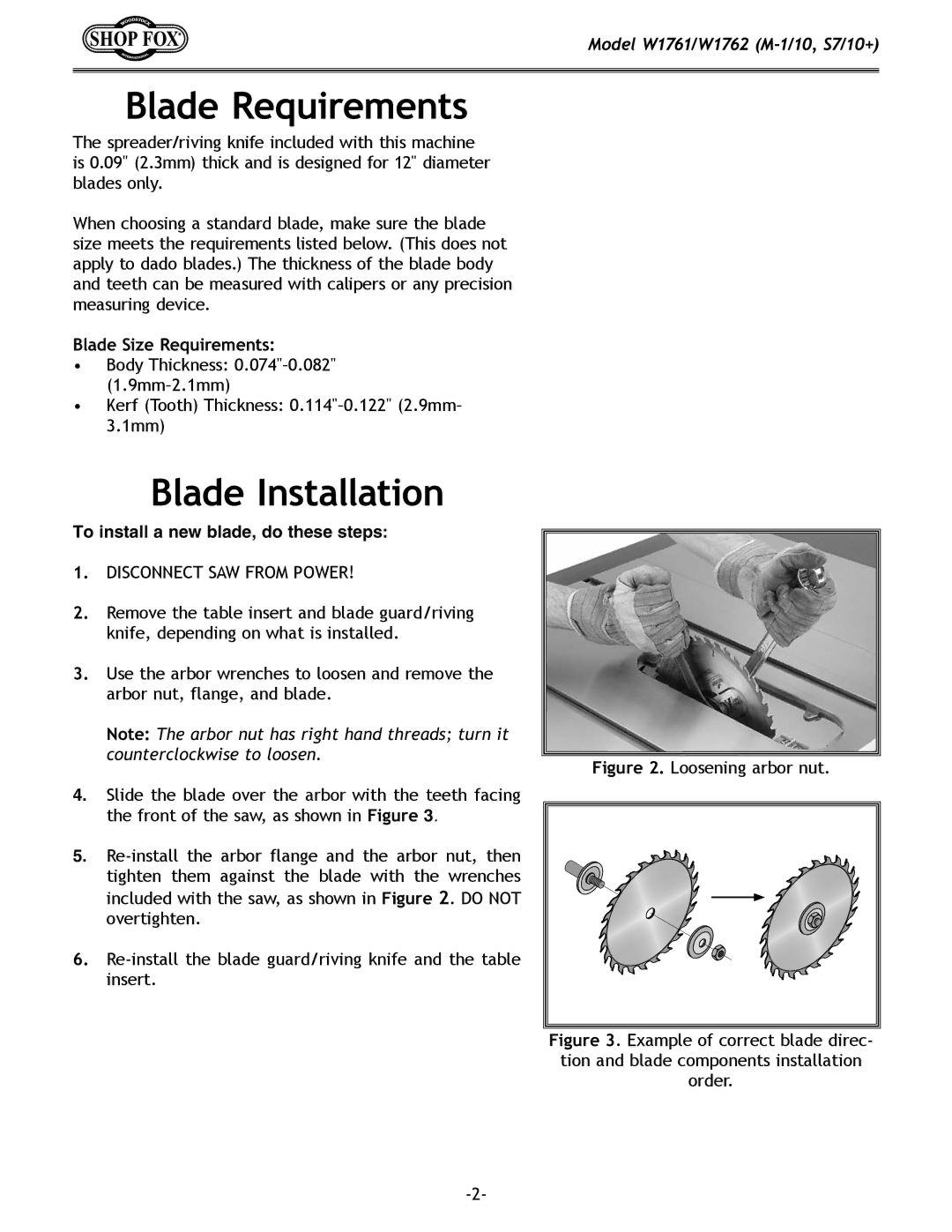 Woodstock W1761/W1762 owner manual Blade Requirements, Blade Installation, Blade Size Requirements 