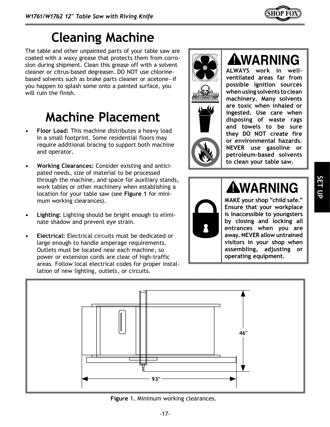 Woodstock W1761/W1762 owner manual Cleaning Machine, Machine Placement 