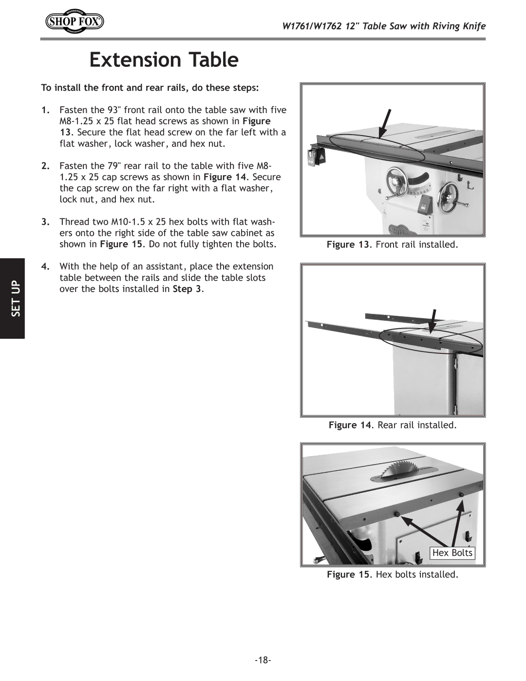 Woodstock W1761/W1762 owner manual Extension Table, To install the front and rear rails, do these steps 