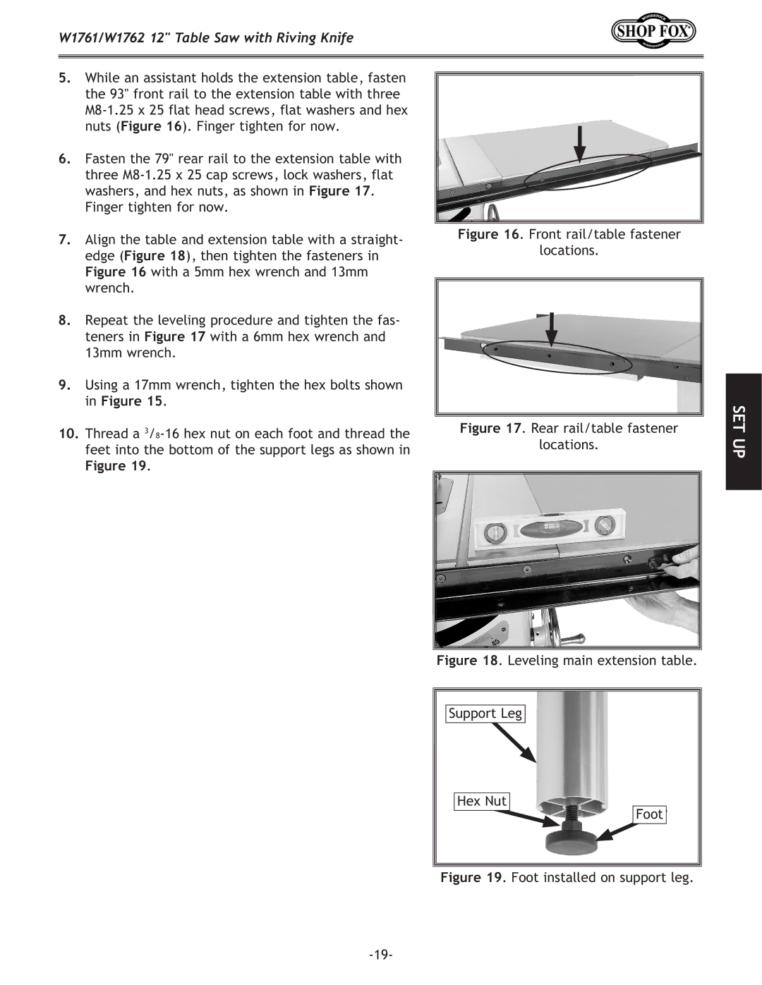 Woodstock W1761/W1762 owner manual Leveling main extension table Support Leg Hex Nut Foot 