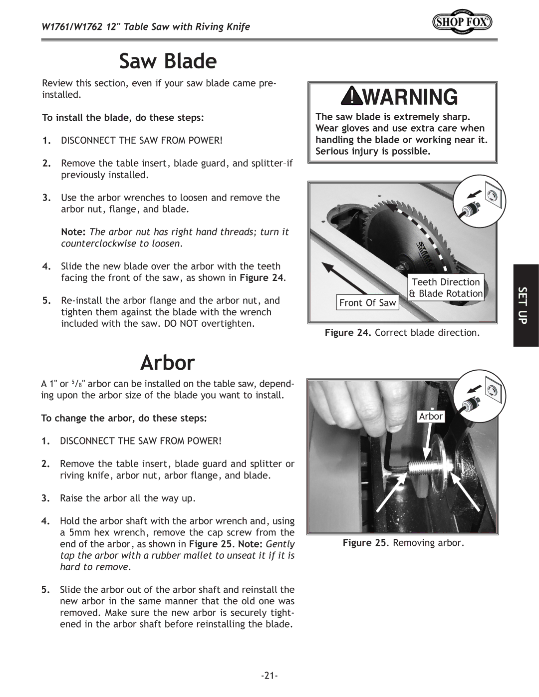 Woodstock W1761/W1762 Saw Blade, Arbor, To install the blade, do these steps, To change the arbor, do these steps 