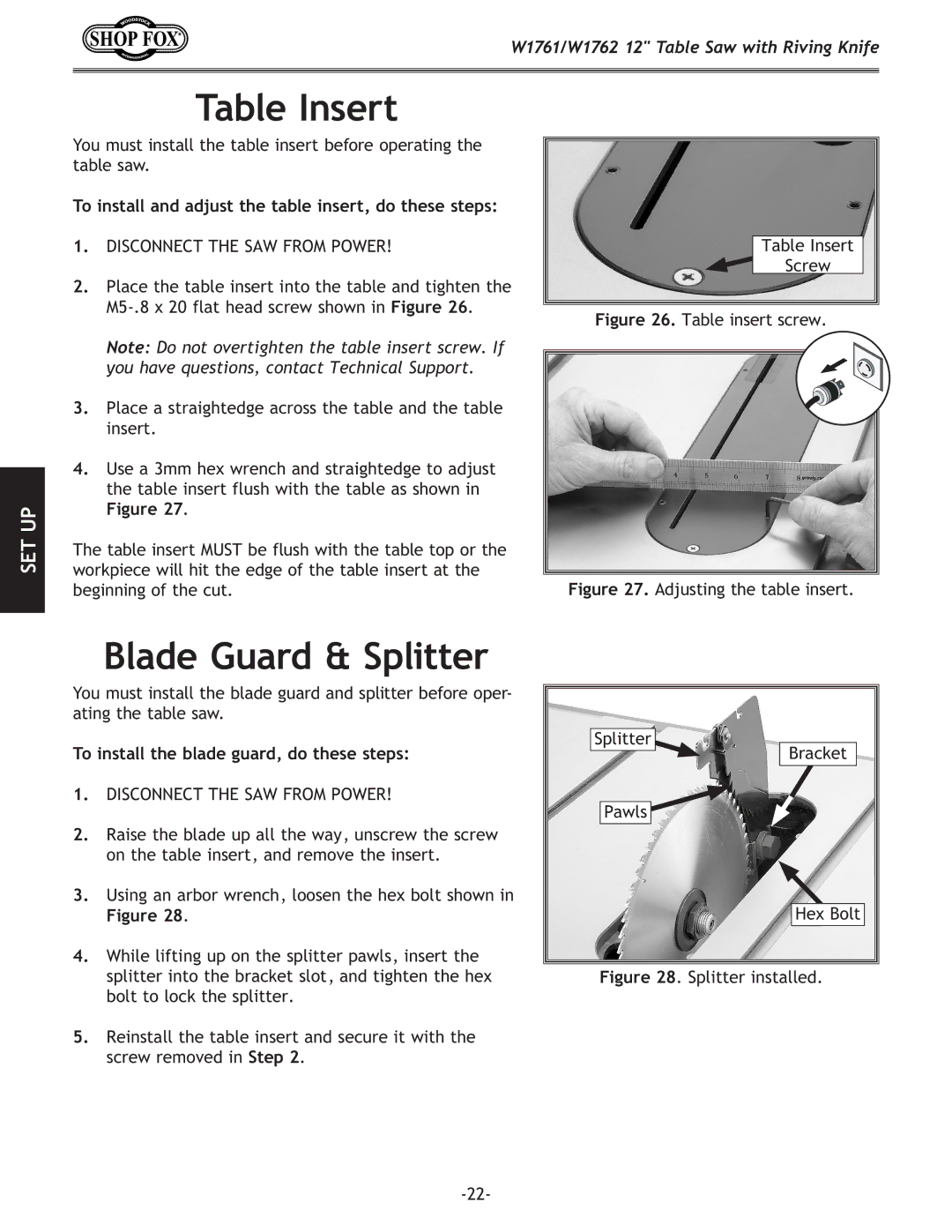 Woodstock W1761/W1762 Table Insert, Blade Guard & Splitter, To install and adjust the table insert, do these steps 