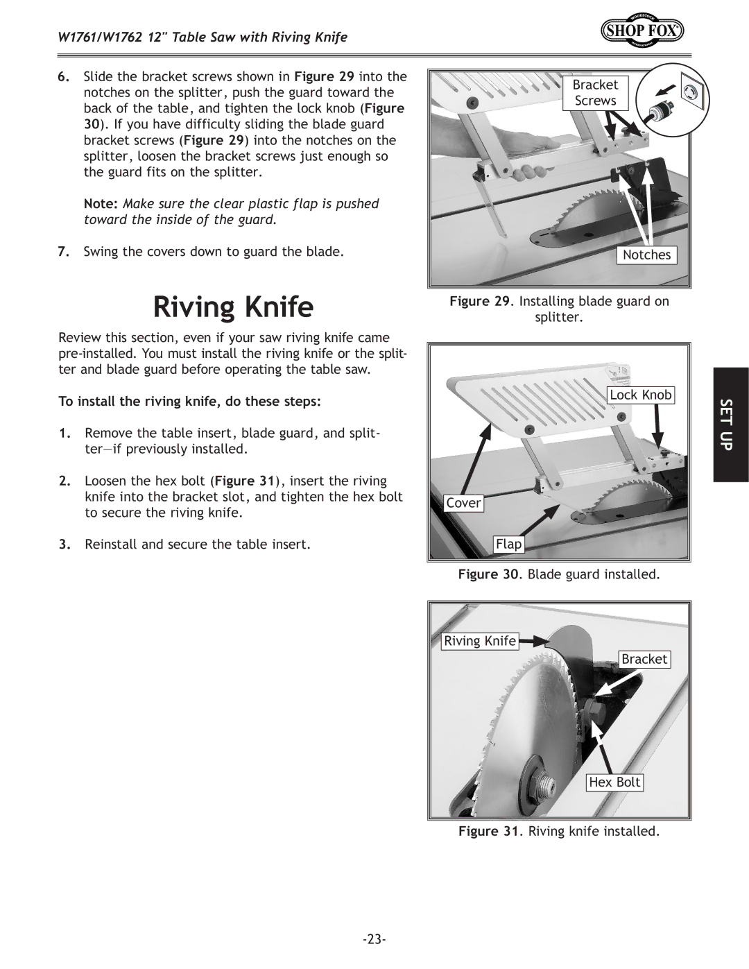 Woodstock W1761/W1762 owner manual Splitter, To install the riving knife, do these steps 