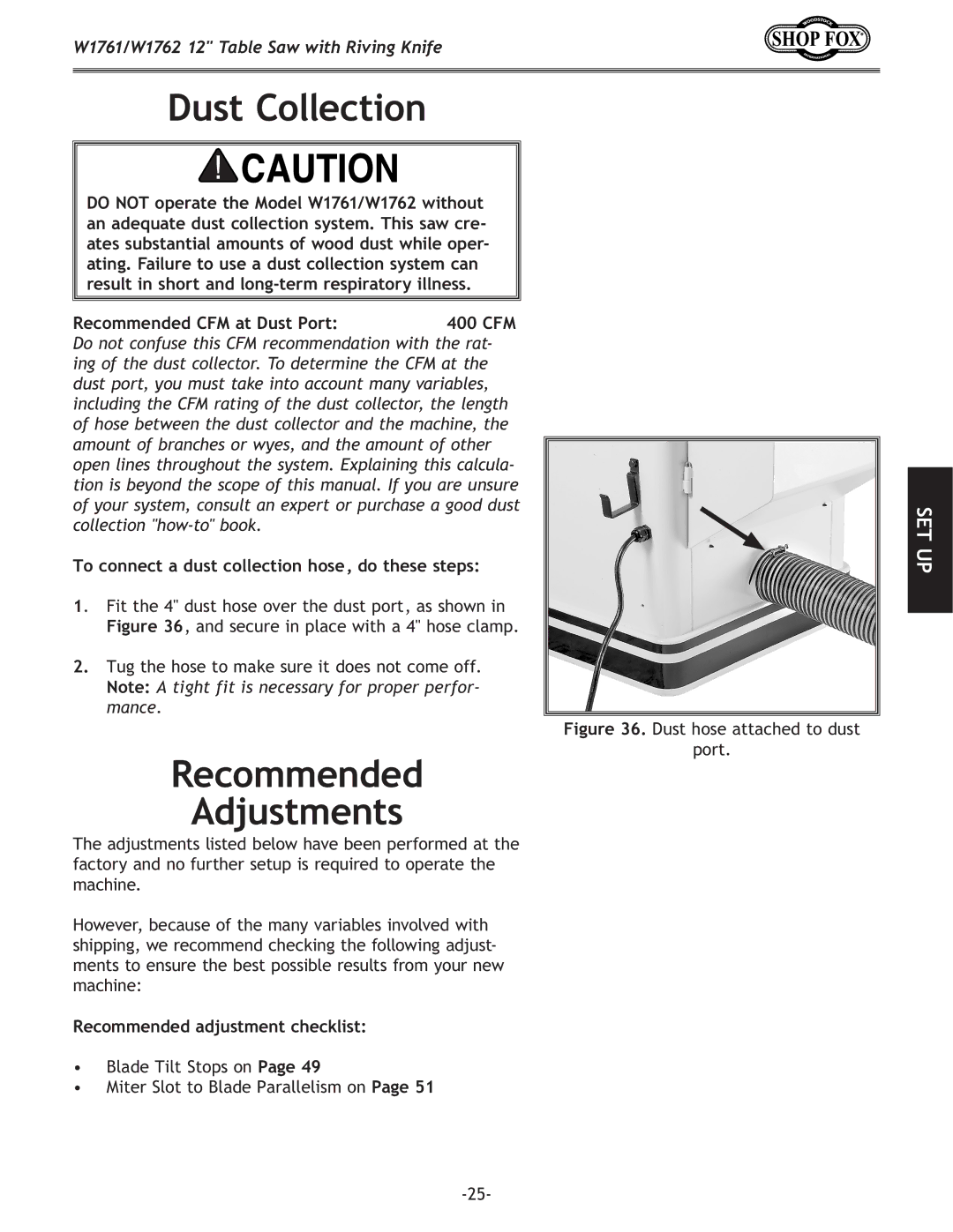 Woodstock W1761/W1762 owner manual Dust Collection, Recommended Adjustments, Recommended CFM at Dust Port 