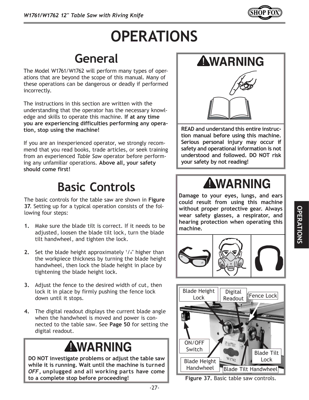 Woodstock W1761/W1762 owner manual General, Basic Controls 