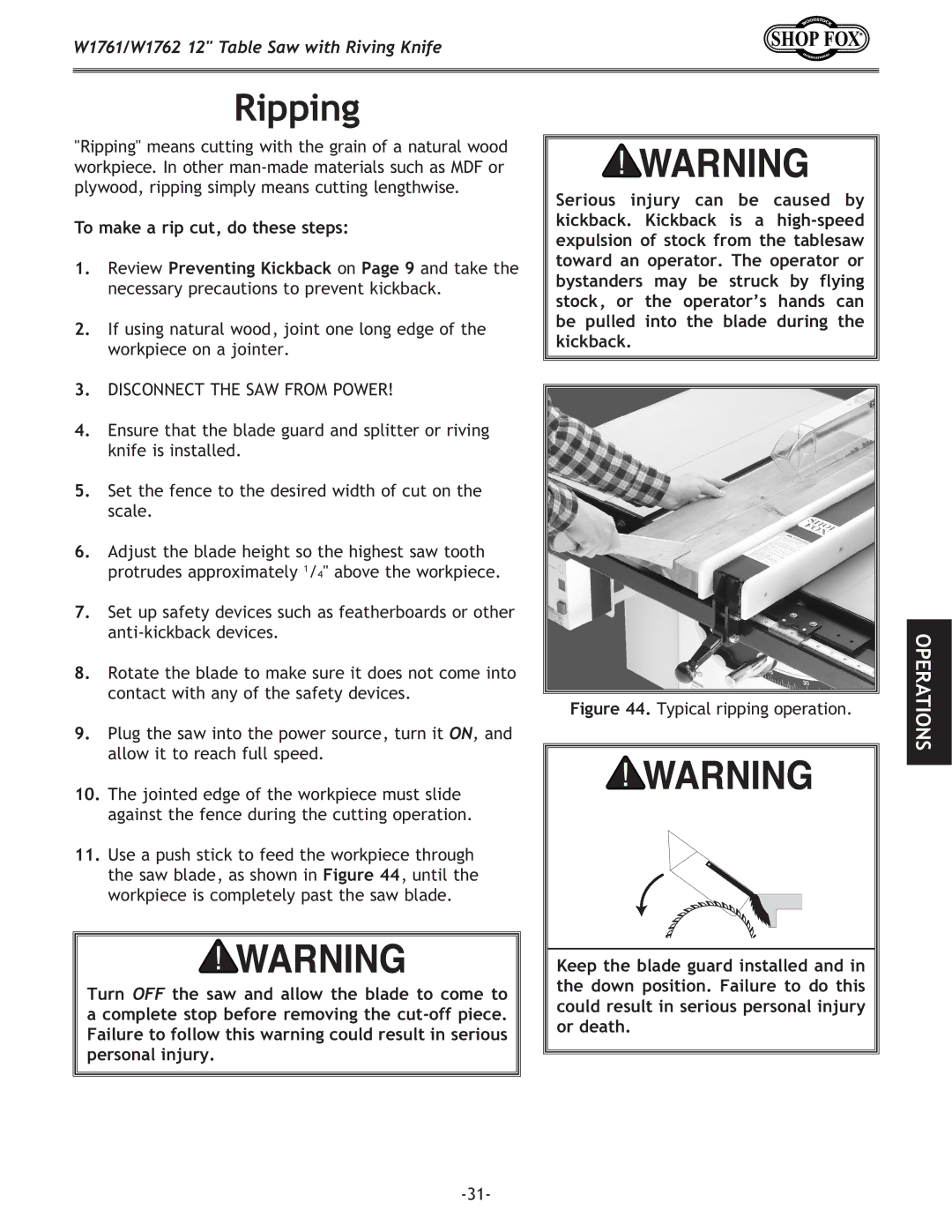 Woodstock W1761/W1762 owner manual Ripping, Typical ripping operation 