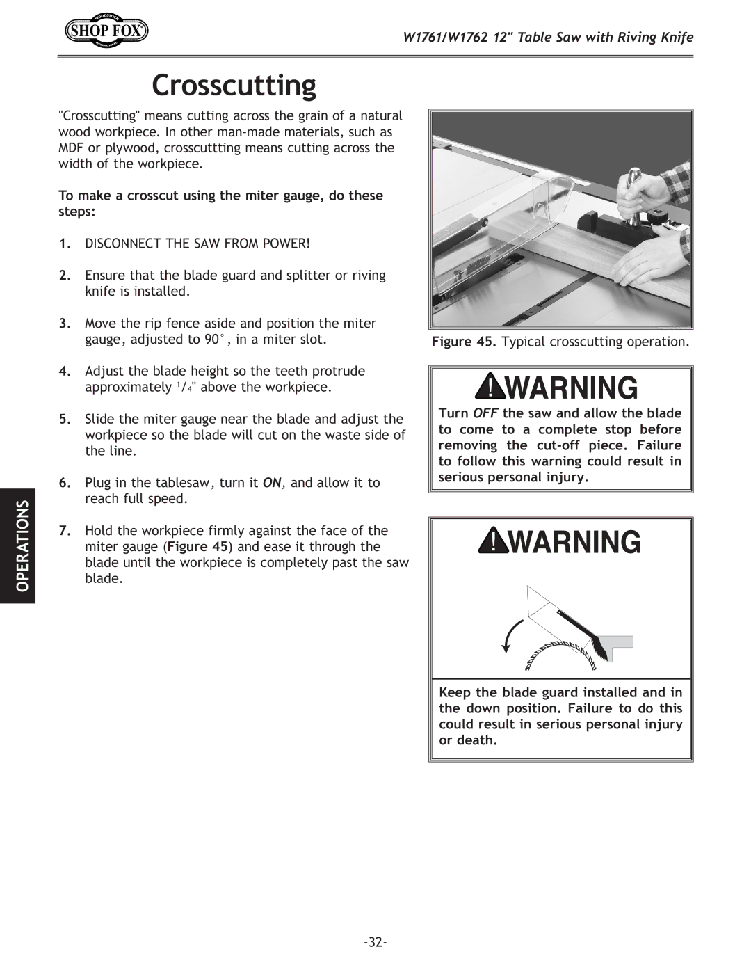 Woodstock W1761/W1762 owner manual Crosscutting, To make a crosscut using the miter gauge, do these steps 