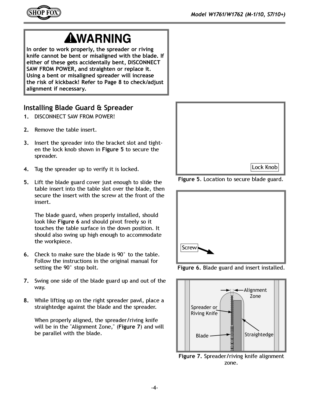 Woodstock W1761/W1762 owner manual Installing Blade Guard & Spreader, Location to secure blade guard Screw 