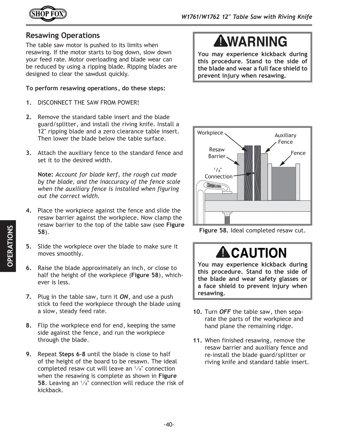 Woodstock W1761/W1762 owner manual Resawing Operations, To perform resawing operations, do these steps 