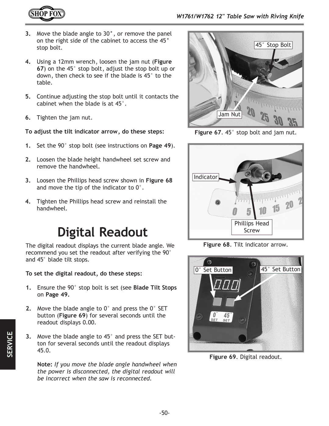 Woodstock W1761/W1762 owner manual Digital Readout, To adjust the tilt indicator arrow, do these steps 