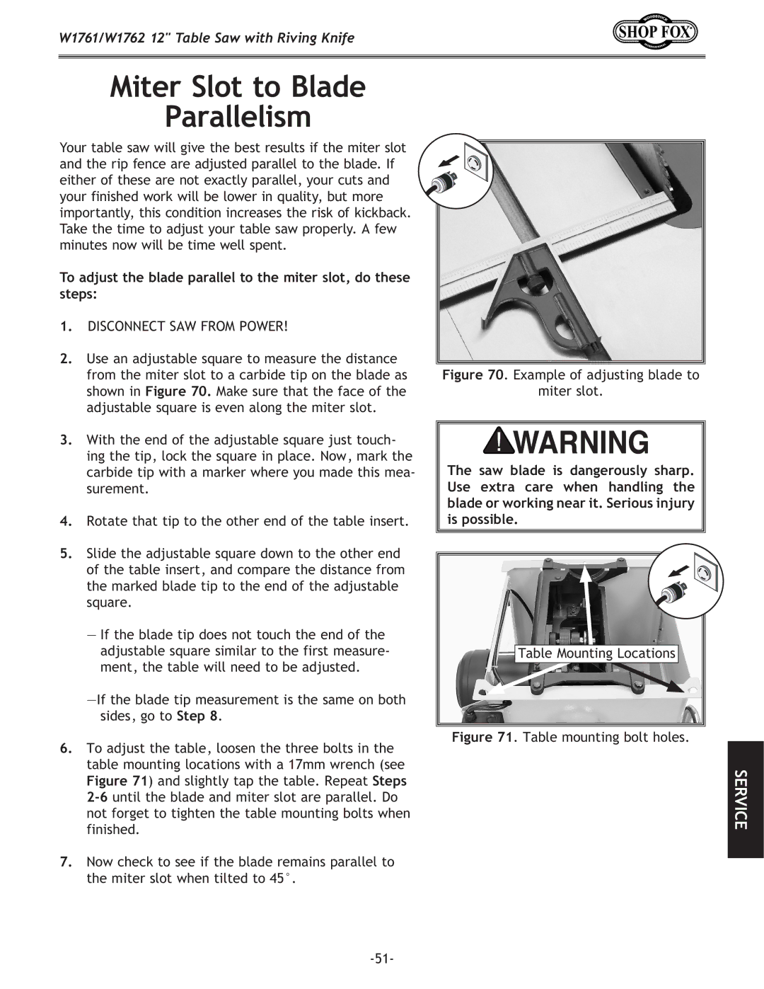 Woodstock W1761/W1762 owner manual Miter Slot to Blade Parallelism, Example of adjusting blade to Miter slot 