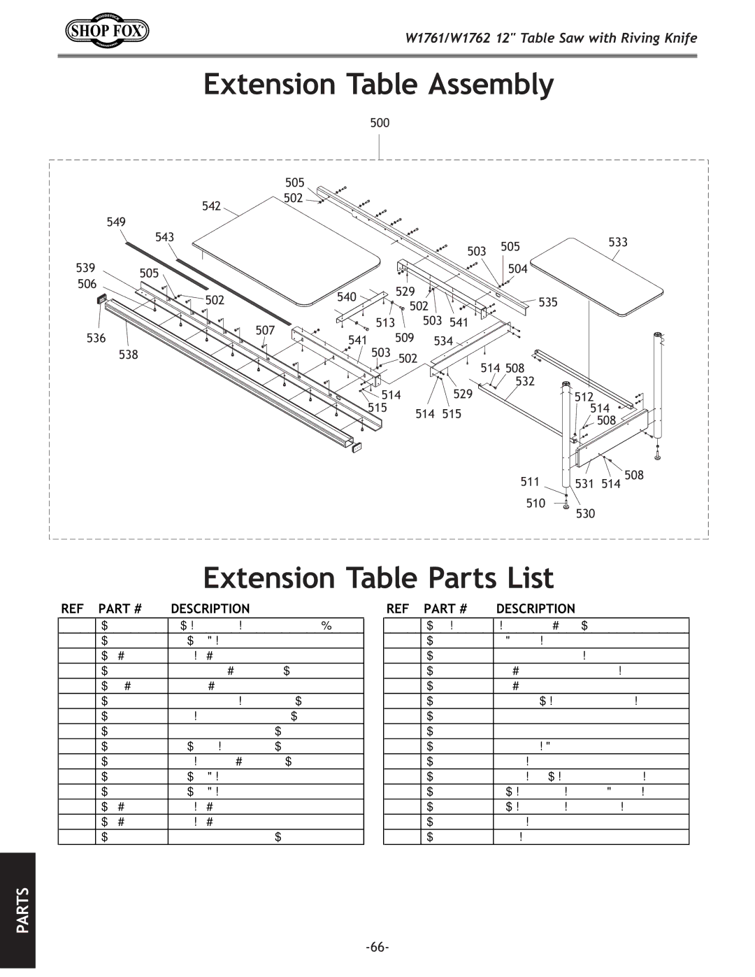 Woodstock W1761/W1762 owner manual Extension Table Assembly Extension Table Parts List 