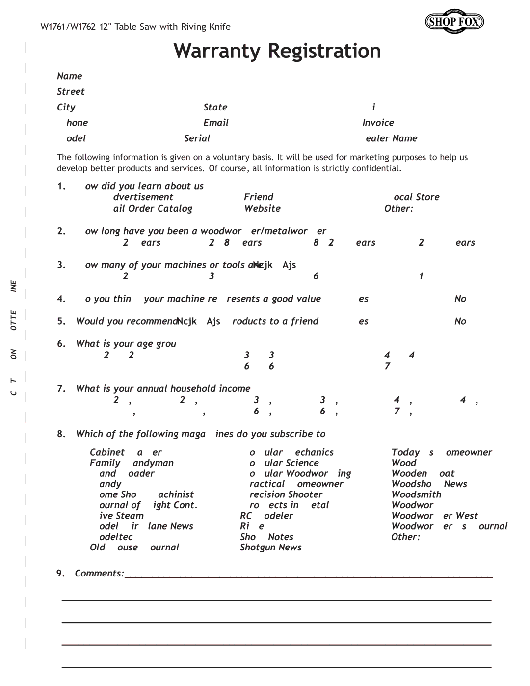 Woodstock W1761/W1762 owner manual Warranty Registration, Comments 