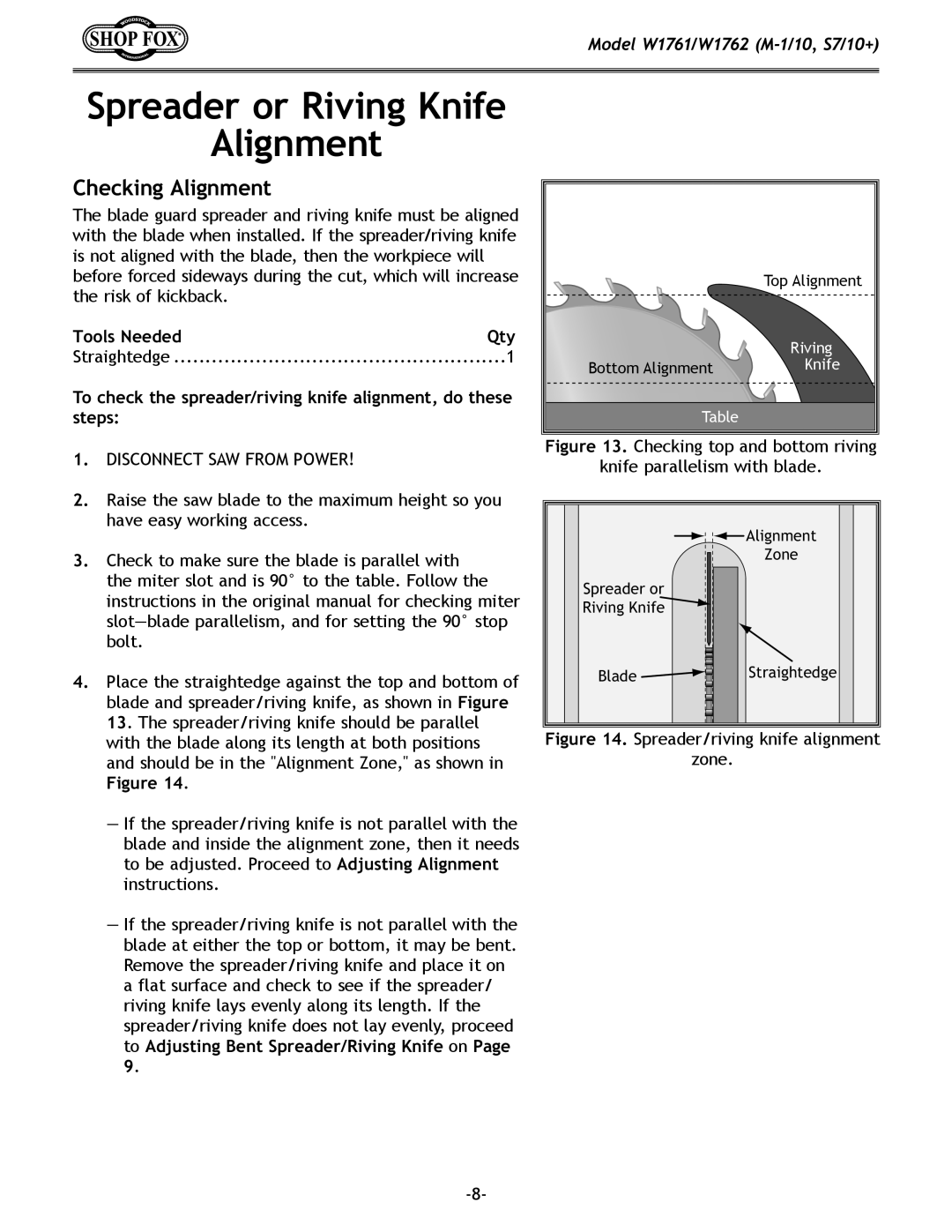 Woodstock W1761/W1762 owner manual Spreader or Riving Knife Alignment, Checking Alignment, Tools Needed 