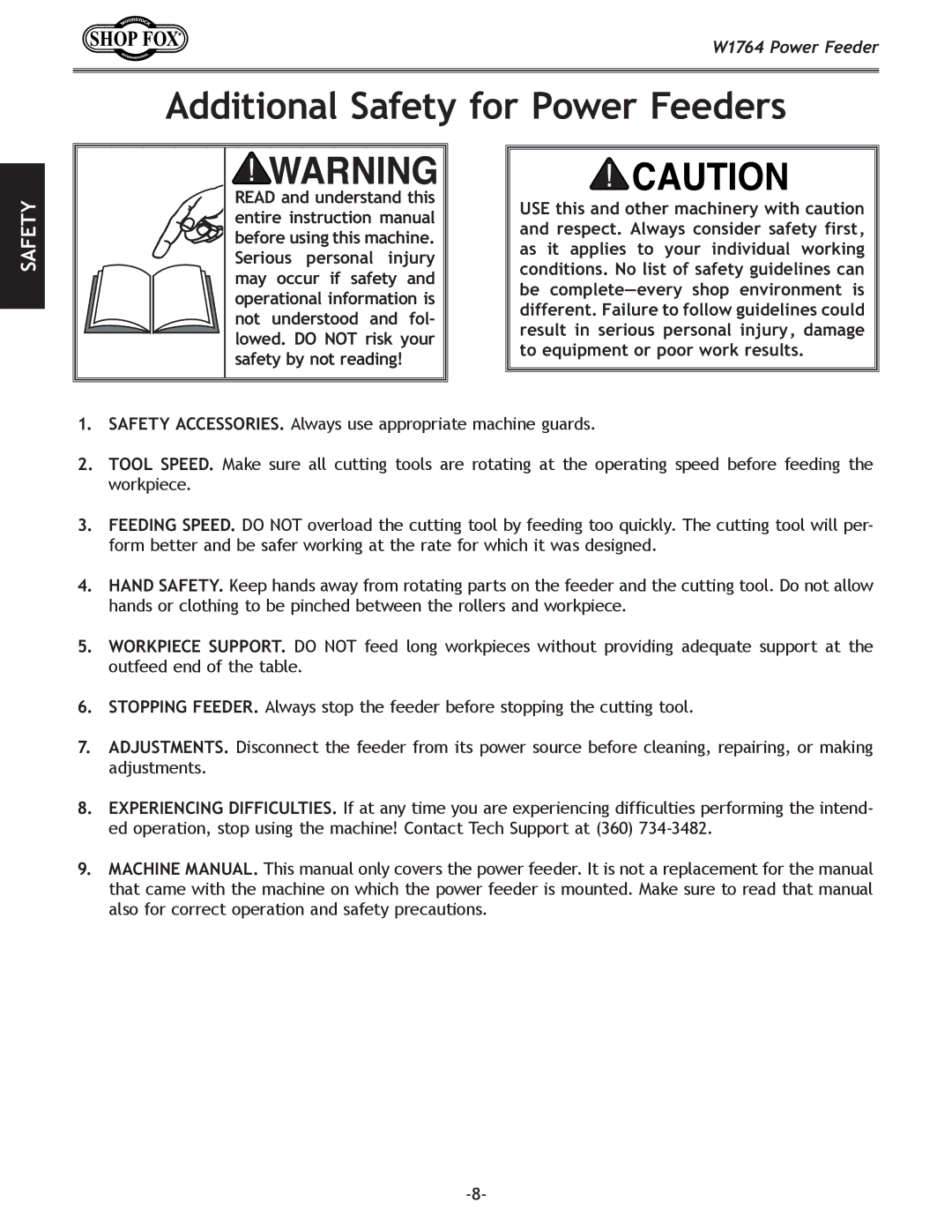 Woodstock W1764 manual Additional Safety for Power Feeders 