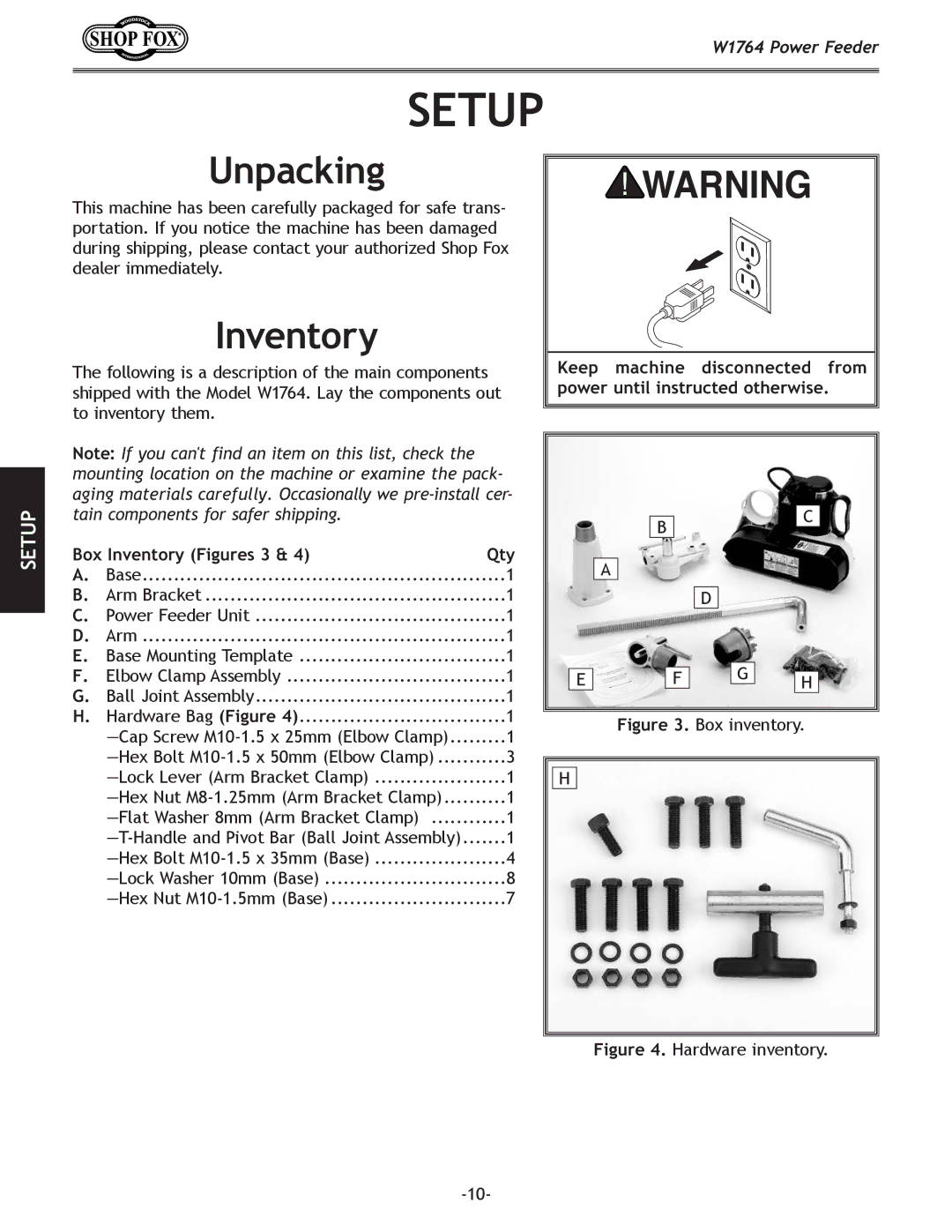 Woodstock W1764 manual Setup, Unpacking, Box Inventory Figures 3 Qty 