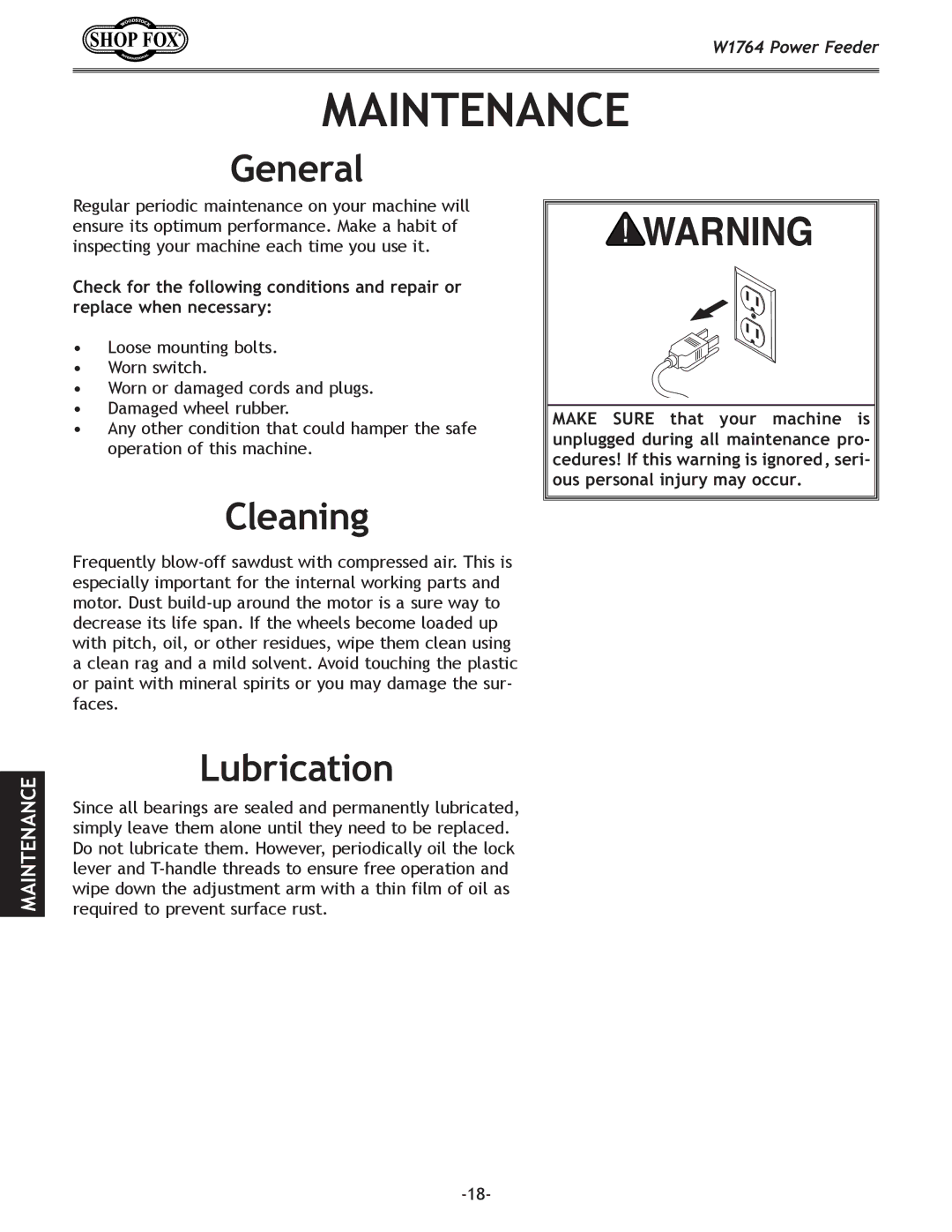 Woodstock W1764 manual Maintenance, Cleaning, Lubrication 