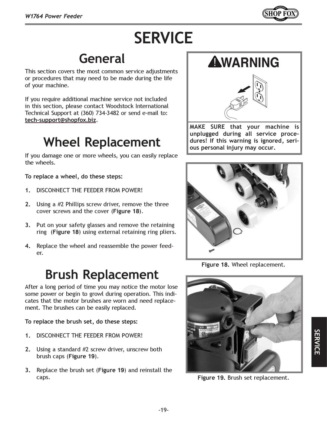 Woodstock W1764 manual Service, Wheel Replacement, Brush Replacement, To replace a wheel, do these steps 