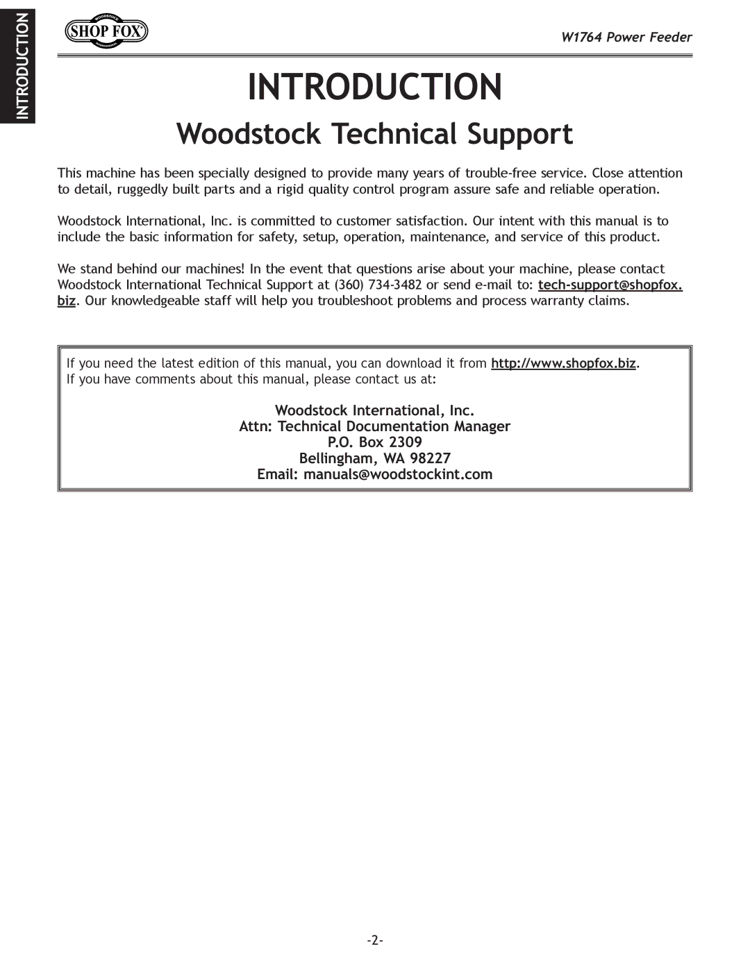 Woodstock W1764 manual Introduction, Woodstock Technical Support 