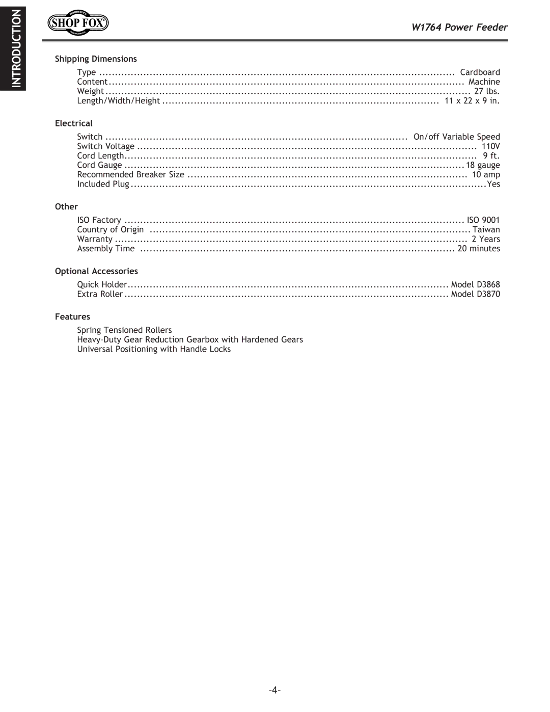 Woodstock manual W1764 Power Feeder 